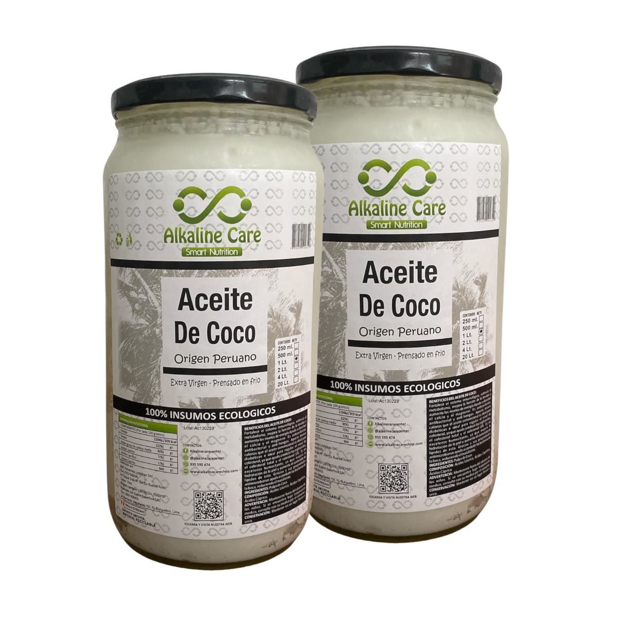 2 Frascos Aceite De Coco 1Lt Frasco Prensado en Frio Alkaline Care